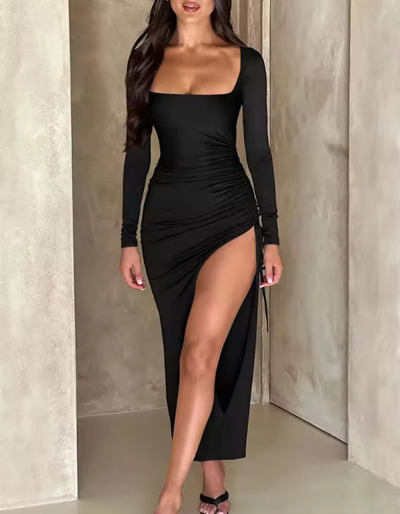 New Long Sleeve Ruched High Split Maxi Dress Women Square Collar Drawstring Bodycon Sexy Prom Long Dress